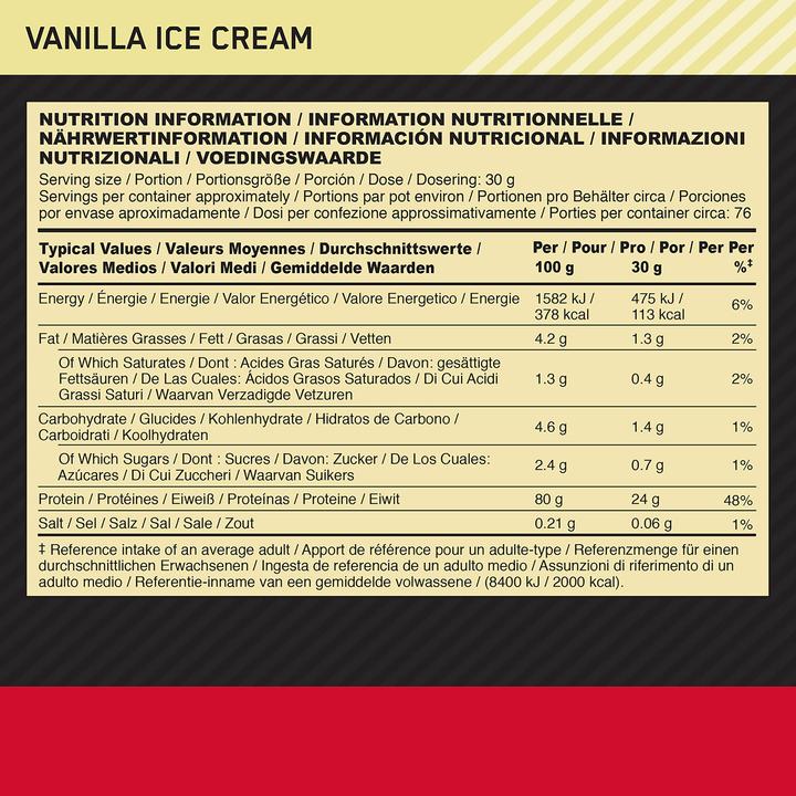Nutritional values and ingredients Optimum Nutrition 100% Whey Gold Standard (Vanilla, 1 pcs., 2273 g)