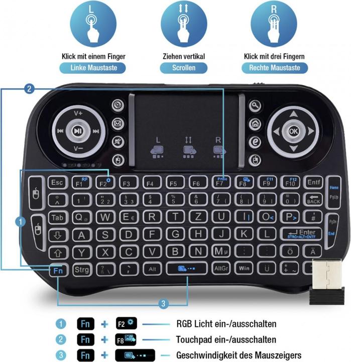 Produktbild Fantec WK-300 RGB Mini Tastatur Wireless (DE, Kabellos)