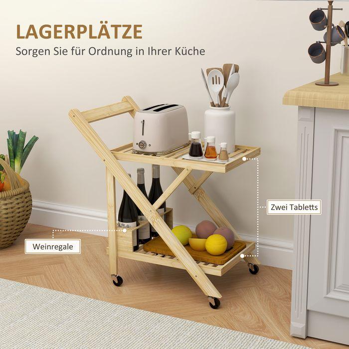 Produktbild Swisshandel24 Küchenwagen Servierwagen mit Arbeitsplatte, 2 Ebenen, Weinregal, für Büro Natur