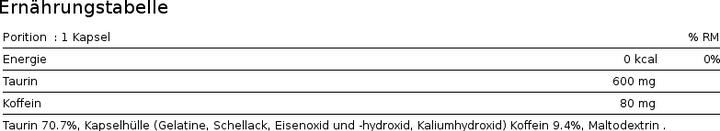 Nährwerte und Zutaten Biotech USA Caffeine Taurine (60 Stück, Kapseln, 70 g)