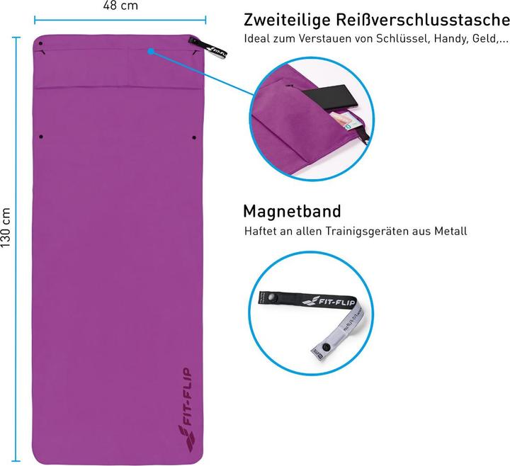 Actual product image Fit-Flip Fitnesshandtuch Mikrofaser mit Reissverschlusstasche 130x48cm (130 x 48 cm)