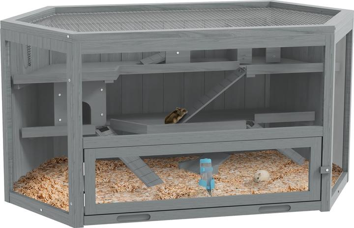 Actual product image PawHut Hamsterkäfig Tannenholz, PS-Plexiglas Grau