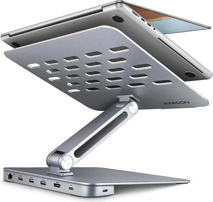 Actual product image Axagon HMC-STND stand for laptops and tablets, USB-C hub - silver (USB-C, 7 Ports)