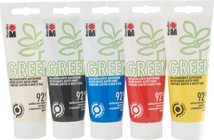 Produktbild Marabu Bastelfarbe Alkydfarbe Green Set Basic, 5 x 100 ml (Lichtgelb, Weiss, Saphirblau, Hellrot, 100 ml)