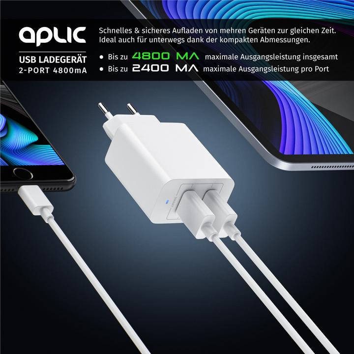 Produktbild Aplic USB Ladegerät 4800 mA, 2 Port Netzteil für Handy/Smartphone/Tablet, 4800mA - 2400mA je Port, weiss (28 W)