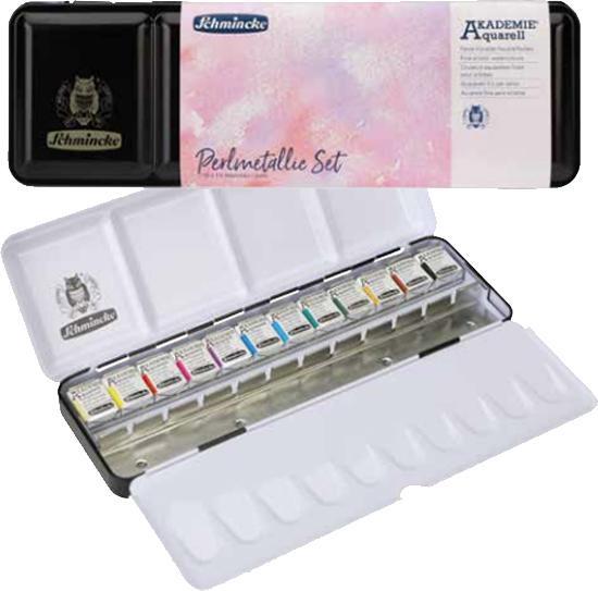 Actual product image Schmincke Watercolour paint Horadam metal box pearl metallic shades (Pearl blue, Pearl green, Pearl red, Pearl yellow, Light pearl green, Pearl brown, Pearl violet, Light pearl blue, Pearl red light, Pearl magenta, Pearl brown light)