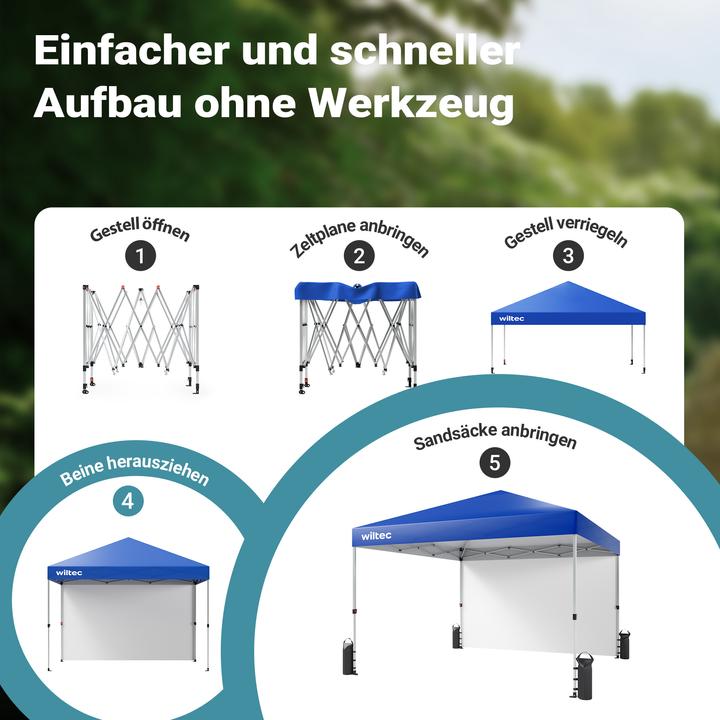 Produktbild Wiltec Faltpavillon 3x3m blau Räder Gartenpavillon Partyzelt Pavillon Camping (300 cm, 300 cm)