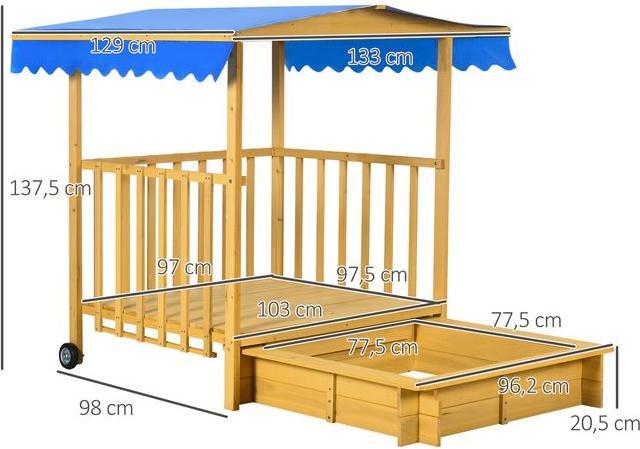 Actual product image Swisshandel24 Sandpit with roof, wooden sandpit with playhouse, 133 x 129 x 137.5 cm Sandbox with wheels for 3