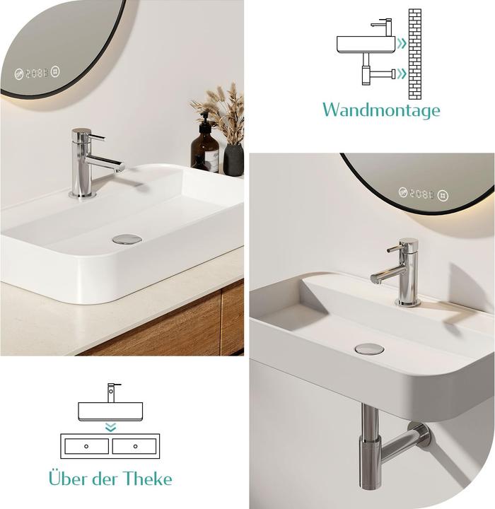 Immagine prodotto Emke Lavabo da appoggio, in ceramica, a parete/da appoggio, bianco lucido, con foro per rubinetto (400 mm, 400 mm)
