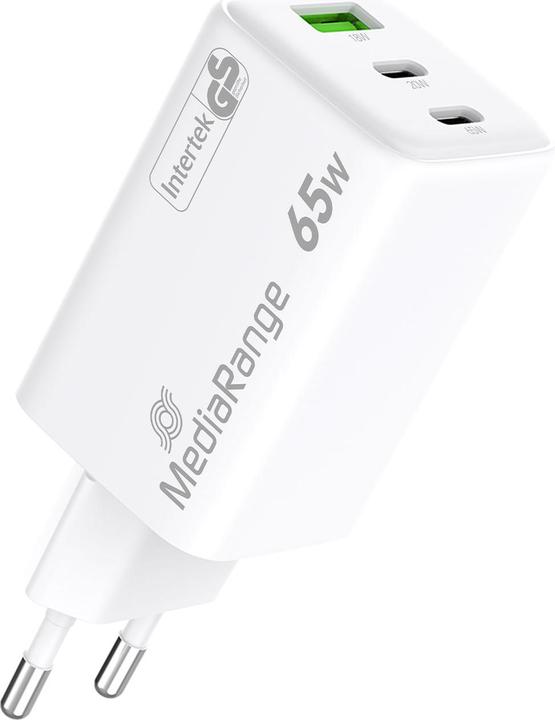 Immagine prodotto MediaRange Adattatore per la ricarica rapida, GaN, 2x USB-C e 1x USB-A, PD e QC, 65 watt, set di 2 (65 W)