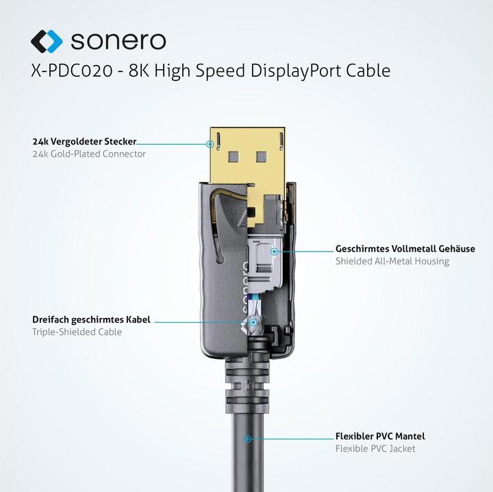 Image du produit Sonero Câble 8K Displayport 1.4 mâle <->, 8K/60Hz, 3 m (3 m, DisplayPort)