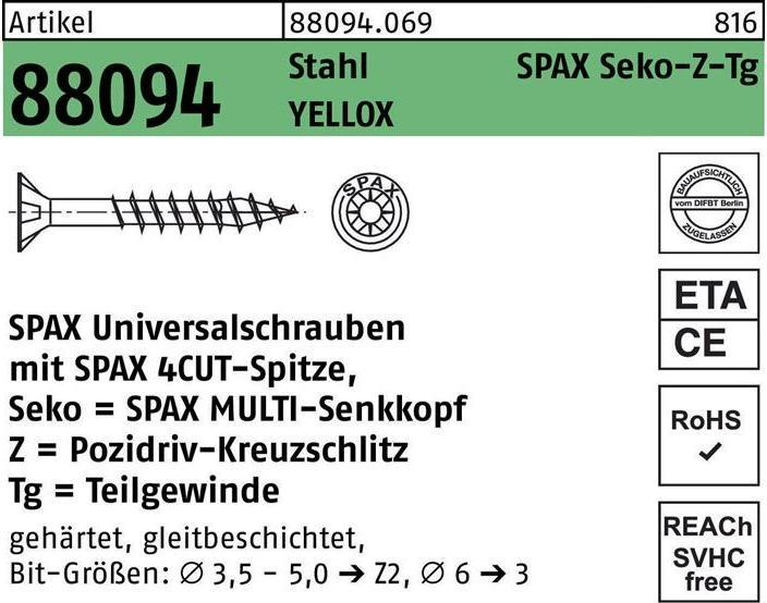 Produktbild Spax Schraube R 88094 Senkkopf m.Spitze/Kreuzschl.-PZ 5 x 70/41-Z Stahl galvanisch verzinkt gelb (200 Schrauben pro Stück)