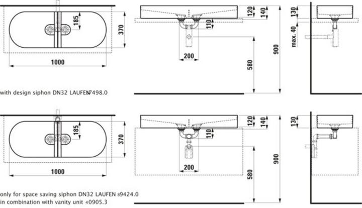 Image du produit Laufen Sondeur mobile à double lavabo, sans trou pour robinet, sans trop-plein, 1000x370mm, avec co (1015 mm, 157 mm)
