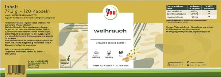 Valeurs nutritives et ingrédients For You encens (120 pièce(s), Capsules, 77.20 g)