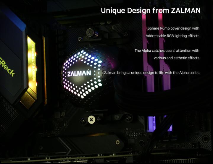 Actual product image Zalman ALPHA28 Black CPU Liquid Cooler 280mm Radiator 2 x 140 mm Fan ARGB pump Dual