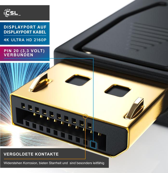 Produktbild CSL DisplayPort Kabel 4k 60Hz Ultra HD - DisplayPort 1.2 zu DP 4K 1.2 inkl. Audio-Übertragung (3 m, DisplayPort)