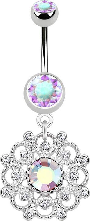 Produktbild Star Piercing Banane silber mit Anhänger Filigrane Vintage Blume Kristall multicolor (Chirurgenstahl 316L, Messing)