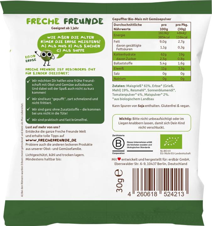 Valeurs nutritives et ingrédients Freche Freunde Bâtonnets croustillants (30 g)