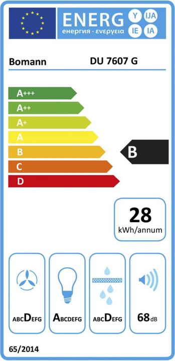 Energie-Label Bomann Kopffreihaube Glasschirm DU 7607 G (Wandhaube)
