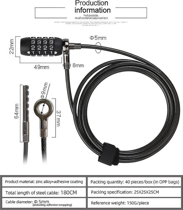 Image du produit Mobygo Cadenas à câble EasyPass (180 cm)