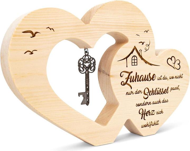 Immagine prodotto ZNatur Decorazione regalo in legno di pino svizzero con cuore galleggiante con chiave e incisione Home (20 x 30 x 3,5 cm)