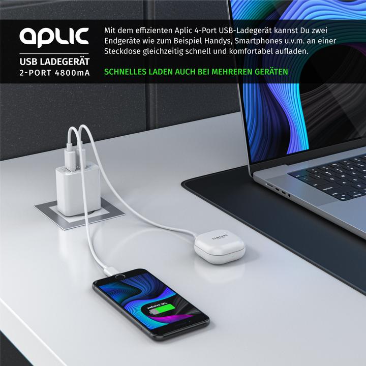 Produktbild Aplic USB Ladegerät 4800 mA, 2 Port Netzteil für Handy/Smartphone/Tablet, 4800mA - 2400mA je Port, weiss (28 W)