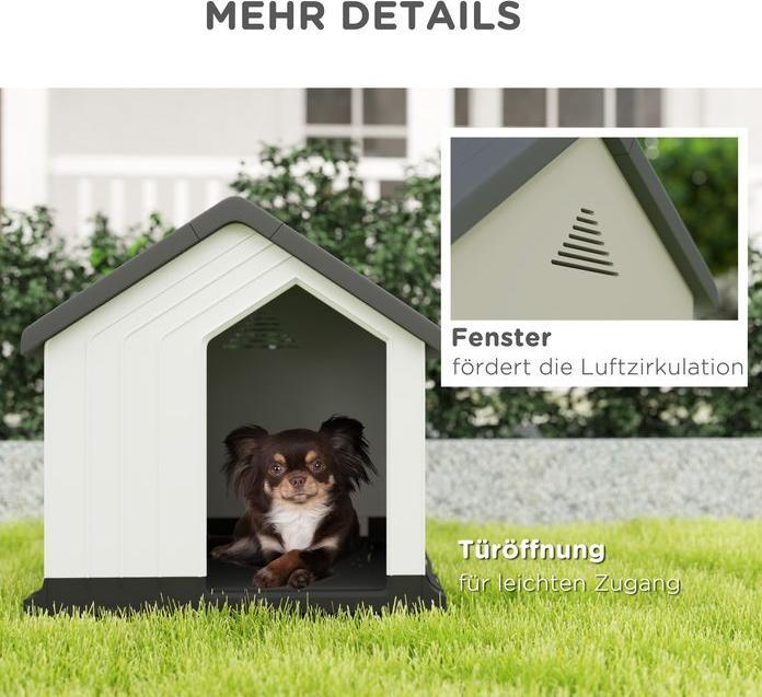 Produktbild Swisshandel24 Hundehütte, wetterfest, Fenster & Tür, für kleine Hunde bis 10kg/40cm Länge, 62x61x60cm, Grau/Weiss (Hundehütte)