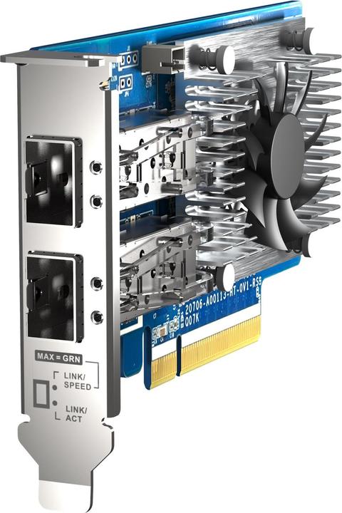 Actual product image QNAP Dual-port SFP28, 25GbE, network expansion card, low-profile form factor, PCIe Gen4 x8