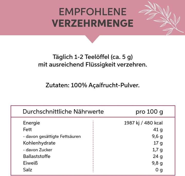 Nährwerte und Zutaten Eltabia Acai Pulver in Rohkost-Qualität | 100% rein ohne Zusatzstoffe und Vegan (Pulver, 100 g)