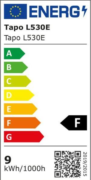 Energy Label TP-Link Tapo L530E (1-pack) (E27, 8.70 W, 806 lm, 1 x, F)
