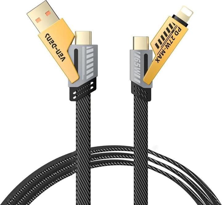 Image du produit Ven-Dens Câble 4 en 1 flexible et flip USB-C, Lightning, USB-A 65W, 27W PD 1.2m (USB 3.2 Gen 1)