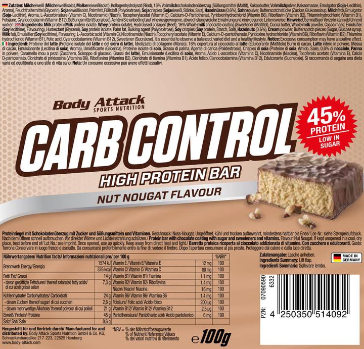 Image du produit Body Attack Carb Control (15x100g barre) (Croustillant au beurre de cacahuète, 15 pcs)