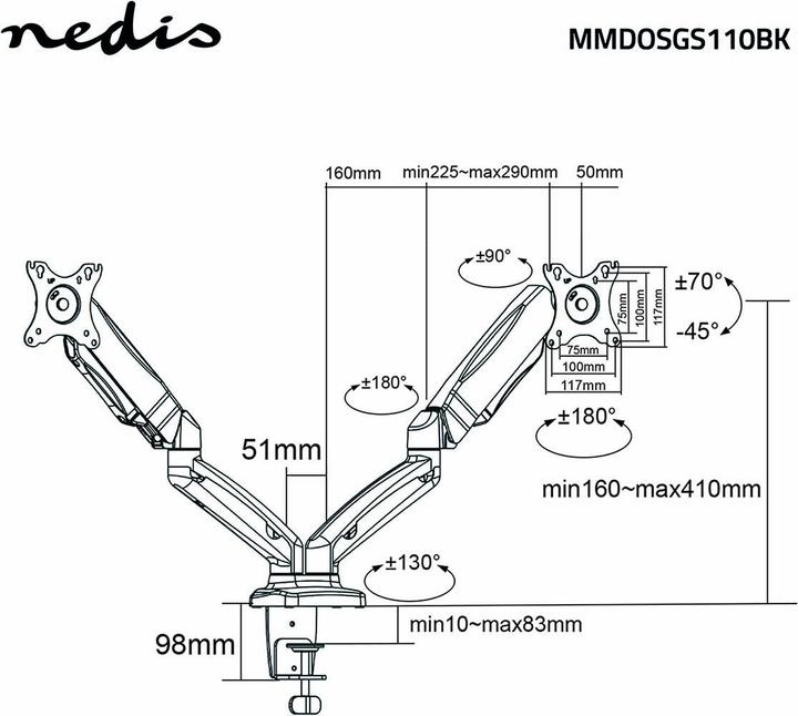 Actual product image Nedis Desk Monitor Holder | Gas Spring | 2 Screen(s) | 15 - 32 " | 75x75 / 100x100 | Vol (Table, 32")