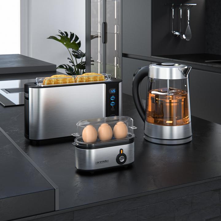 Produktbild Arendo Frühstücks Set, Wasserkocher 1,7l Temperaturwahl, 2-Scheiben Toaster & Eierkocher für 3 Eier, Silber
