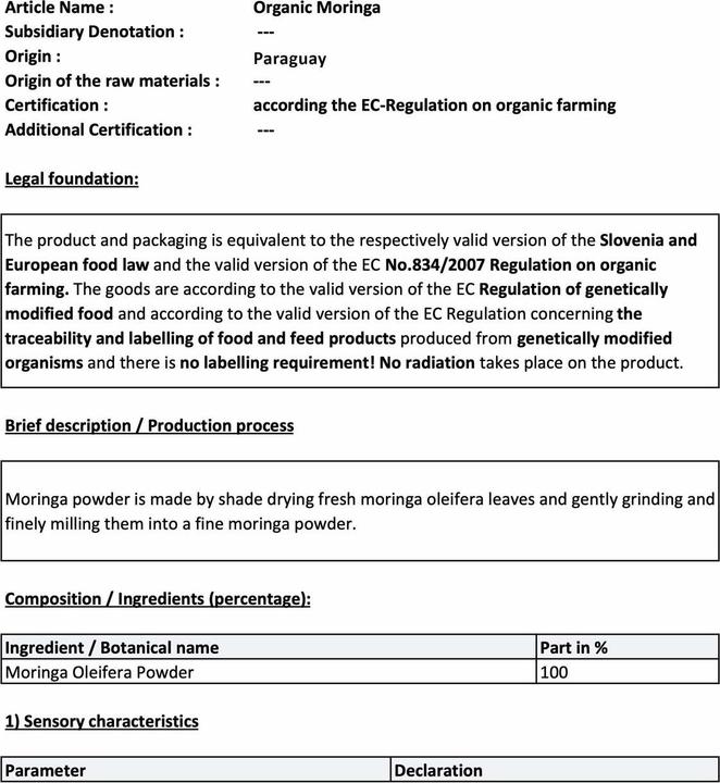 Nährwerte und Zutaten Zimmerli Adaptogene Moringa BIO (1 Stück, Pulver, 100 g)
