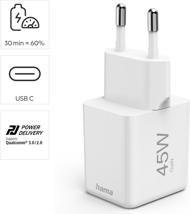 Actual product image Hama Fast charger, USB-C, PD/QC/GaN, super mini charger, 45 W, white (45 W)