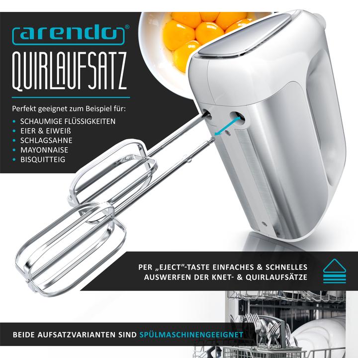 Actual product image Arendo Hand mixer, electric hand mixer incl. 2 whisks & 2 dough hooks made of stainless steel, hand mixer (500 W)