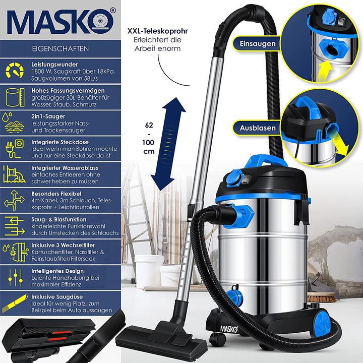 Image du produit Masko Aspirateur industriel 1800Watt en bleu (Aspirateur eau et poussière)