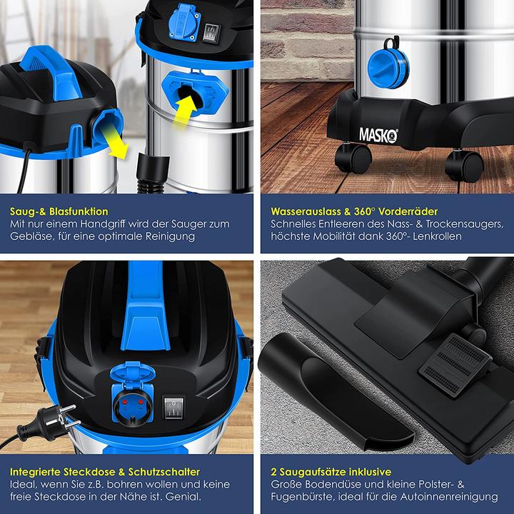 Image du produit Masko Aspirateur industriel 1800Watt en bleu (Aspirateur eau et poussière)