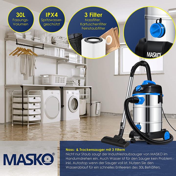 Image du produit Masko Aspirateur industriel 1800Watt en bleu (Aspirateur eau et poussière)