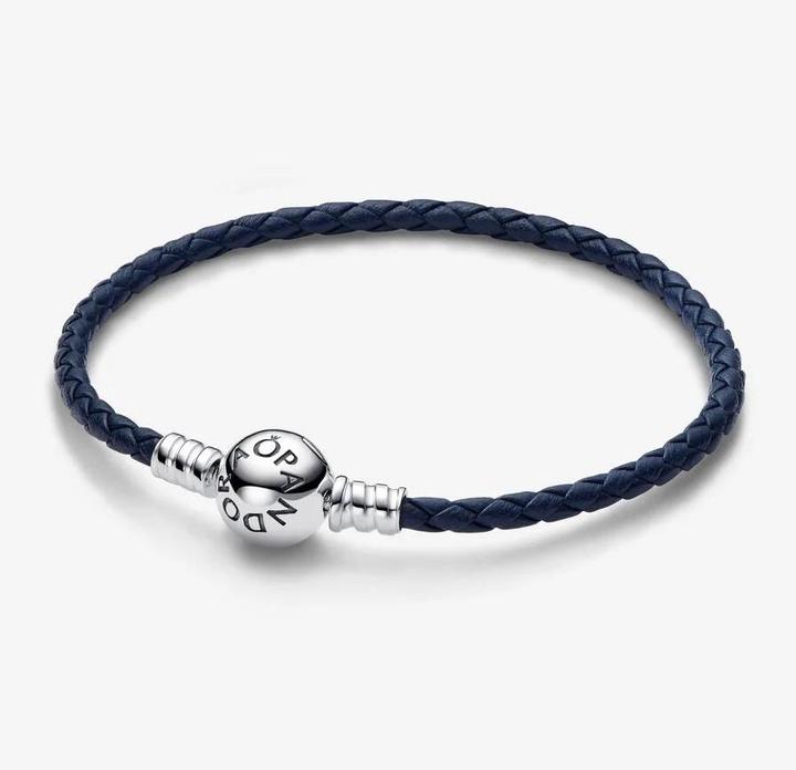 Actual product image Pandora Moments Blue Braided Leather Bracelet with Ball Clasp (17.50 cm, Leather, Sterling silver)