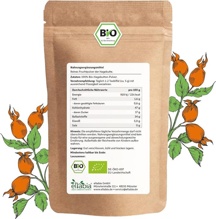 Nährwerte und Zutaten Eltabia Bio Hagebuttenpulver | Hagebutten Pulver aus EU-Anbau in Premium Rohkost-Qualität (Pulver, 100 g)