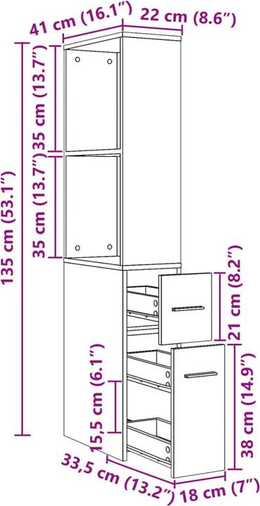 Produktbild VidaXL Badschrank Hochschrank Nischenschrank Schmal Rollen Braun Eichen-Optik (22 x 41 x 135 cm)