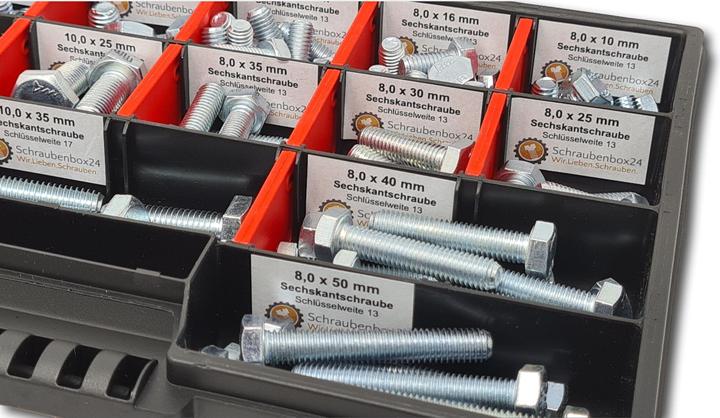 Produktbild Schraubenbox24 Sechskantschrauben Sortiment M8-M10 // 10mm-50mm 110 tlg. Schraubenbox DIN 933 (110 Schrauben pro Stück)