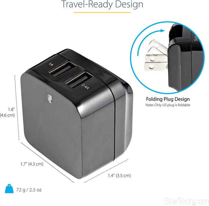 Immagine prodotto StarTech Caricatore USB a 2 porte / Alimentatore - Doppia spina di ricarica 17 Watt / 3,4 Amp - Doppio (17 W)