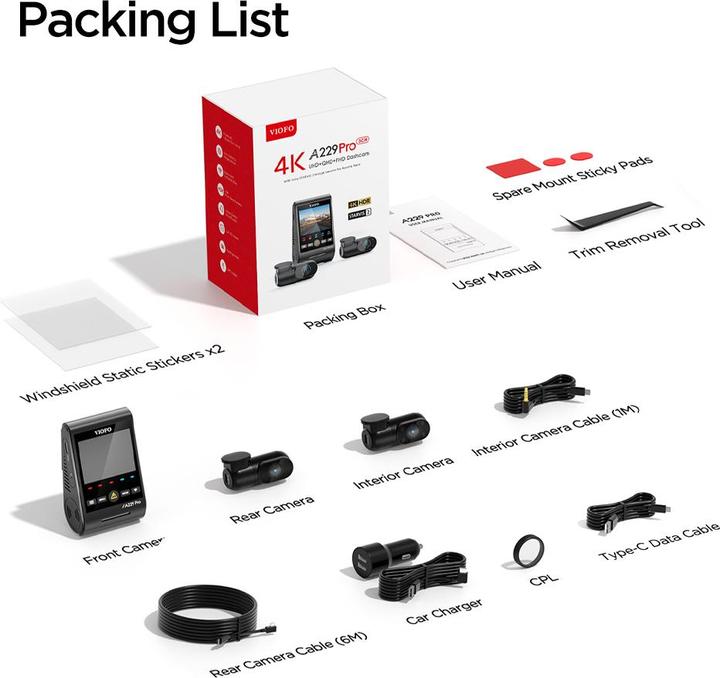 Actual product image Viofo A229 Pro 3CH (GPS receiver, Built-in microphone, Built-in display, Wi-Fi, Accelerometer, Night vision, 4K)