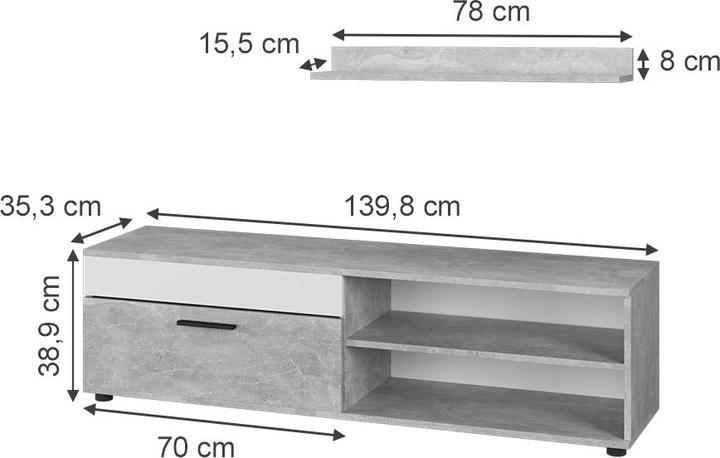 Actual product image Vichy Lowboard & Regal Berno, Beton/Weiss, mit 1 Klappe