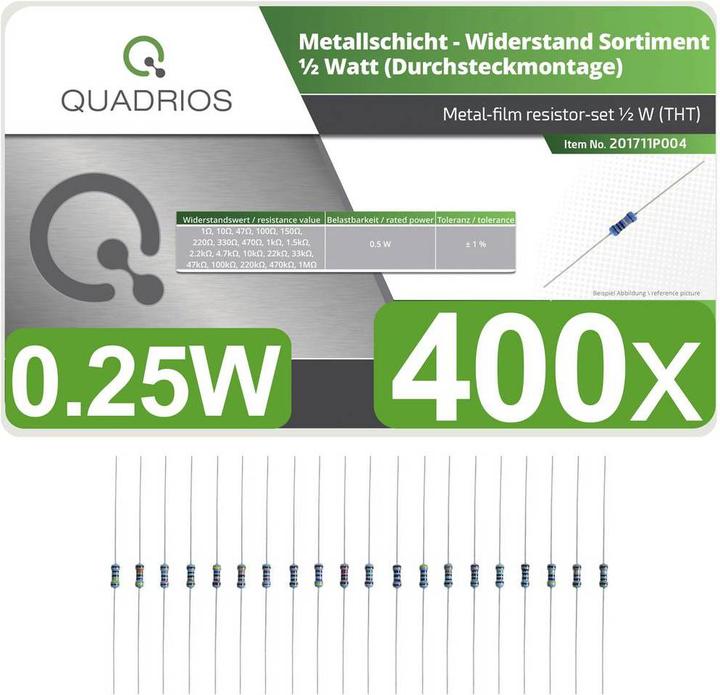 Produktbild Quadrios 201711P004 Metallschicht-Widerstand Sortiment axial bedrahtet 0.5 W 1 % 400 St.