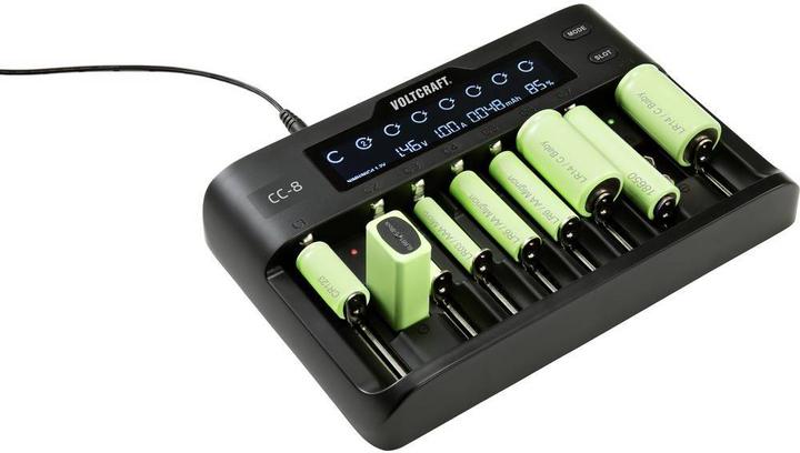 Produktbild Voltcraft CC-8 Rundzellen-Ladegerät (1 Stk., 10340, 14500, 16340, 17500, 17650, 18490, 18500, 18650, 21700, 22650, 26500, 26650, AAA, A, AA, Sub-C, 9V Block, Ladegerät ohne Akku)