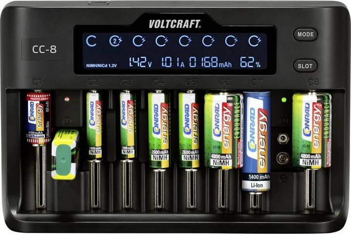 Produktbild Voltcraft CC-8 Rundzellen-Ladegerät (1 Stk., 10340, 14500, 16340, 17500, 17650, 18490, 18500, 18650, 21700, 22650, 26500, 26650, AAA, A, AA, Sub-C, 9V Block, Ladegerät ohne Akku)
